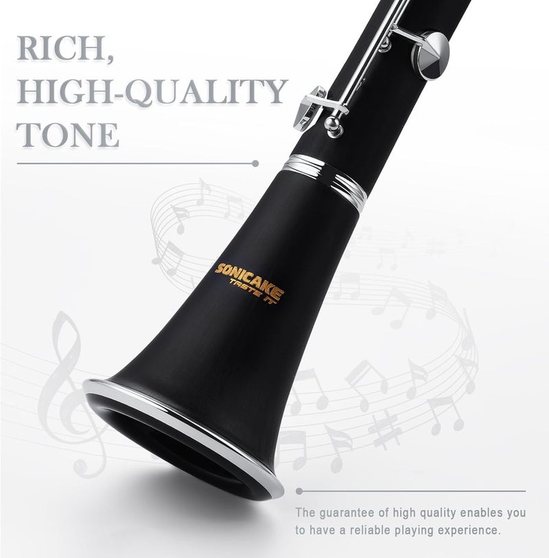 SONICAKE B Flat Clarinet for Beginner & Student, Nickel-plated Bb Ebonite Clarinet 2 Barrels, Reeds with Cleaning Kit, White Gloves and Hard Case, Black, QCR-01 - Image 5